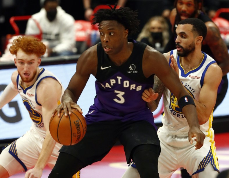 Apr 2, 2021; Tampa, Florida, USA; Toronto Raptors forward OG Anunoby (3) drives to the basket against the Golden State Warriors during the first half at Amalie Arena. Mandatory Credit: Kim Klement-USA TODAY Sports