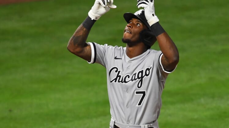 Apr 2, 2021; Anaheim, California, USA;  Chicago White Sox shortstop Tim Anderson (7) crosses the plate after hitting a solo home run in the eighth inning of the game against the against the against the Los Angeles Angels at Angel Stadium. Mandatory Credit: Jayne Kamin-Oncea-USA TODAY Sports