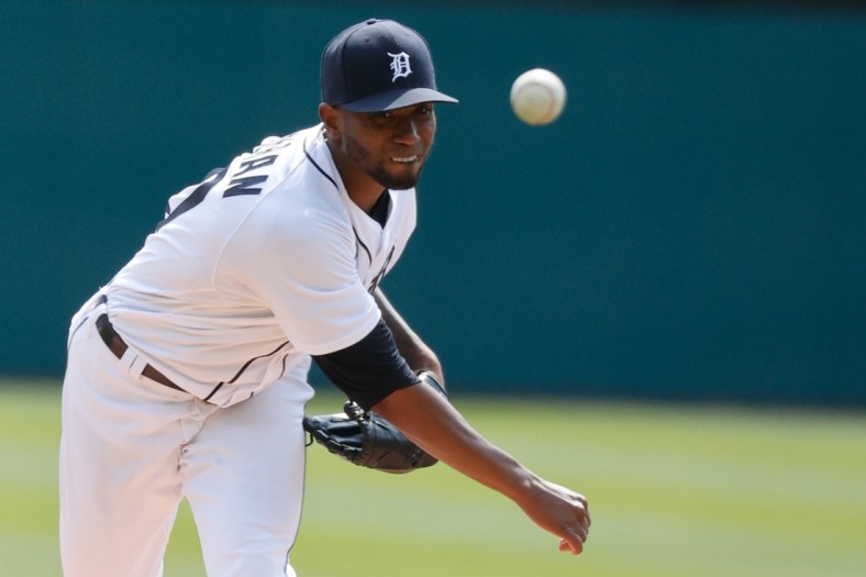Apr 3, 2021; Detroit, Michigan, USA;  Detroit Tigers starting pitcher Julio Teheran (50) pitches in the first inning against the Cleveland Indians at Comerica Park. Mandatory Credit: Rick Osentoski-USA TODAY Sports