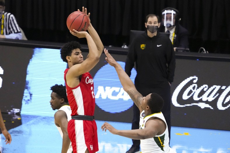 Apr 3, 2021; Indianapolis, Indiana, USA; Houston Cougars guard Quentin Grimes (24) shoots over Baylor Bears guard Mark Vital (11) during the first half in the national semifinals of the Final Four of the 2021 NCAA Tournament at Lucas Oil Stadium. Mandatory Credit: Kyle Terada-USA TODAY Sports