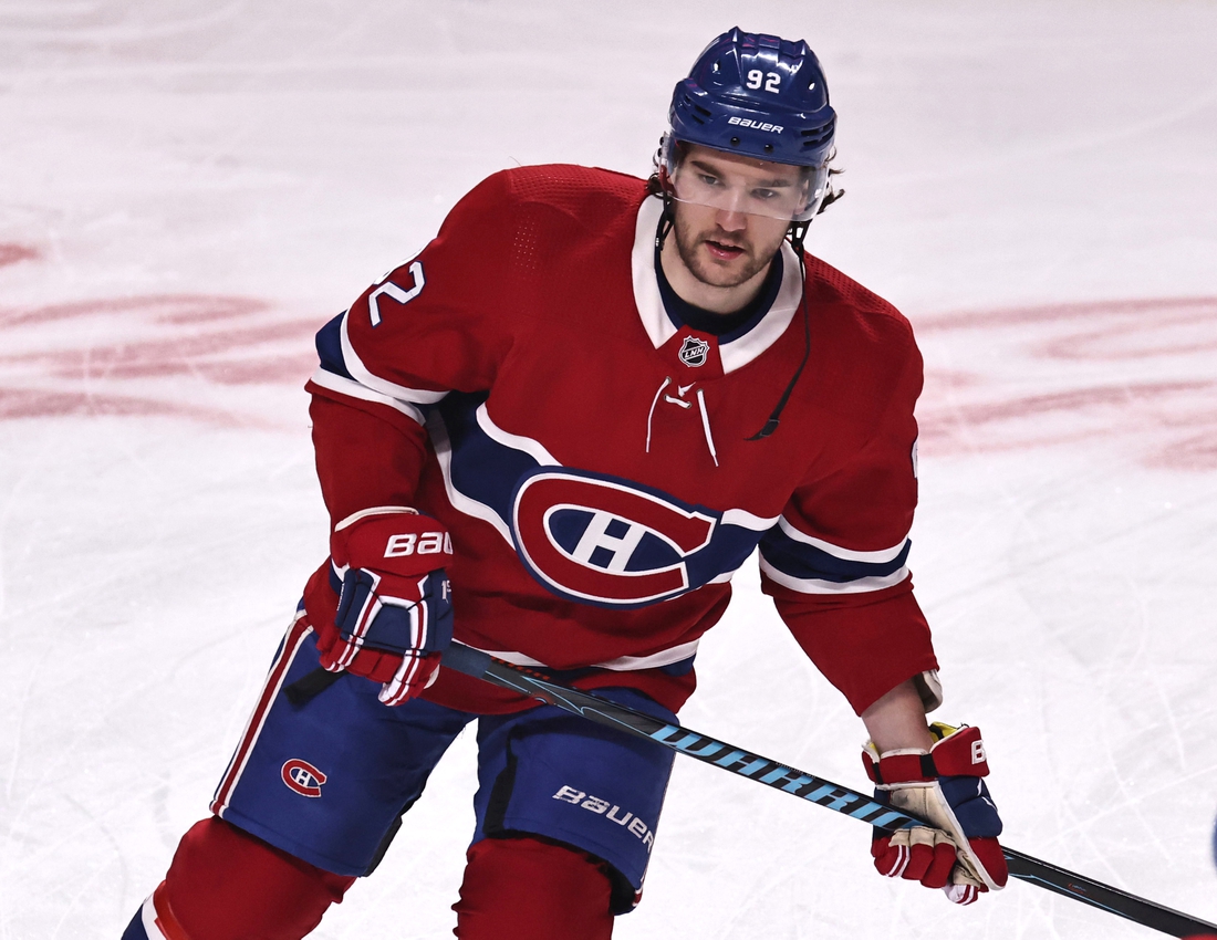 Apr 3, 2021; Montreal, Quebec, CAN; Montreal Canadiens left wing Jonathan Drouin (92) skates during the warm-up session before a game against Ottawa Senators at Bell Centre. Mandatory Credit: Jean-Yves Ahern-USA TODAY Sports