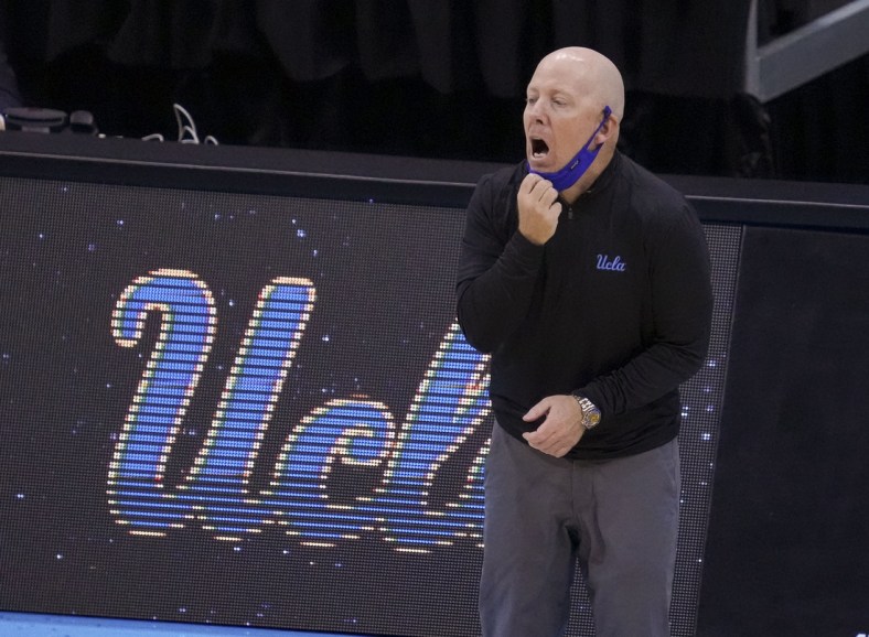 Apr 3, 2021; Indianapolis, Indiana, USA; UCLA Bruins head coach Mick Cronin yells to his team as they take on the Gonzaga Bulldogs during the second half in the national semifinals of the Final Four of the 2021 NCAA Tournament at Lucas Oil Stadium. Mandatory Credit: Kyle Terada-USA TODAY Sports