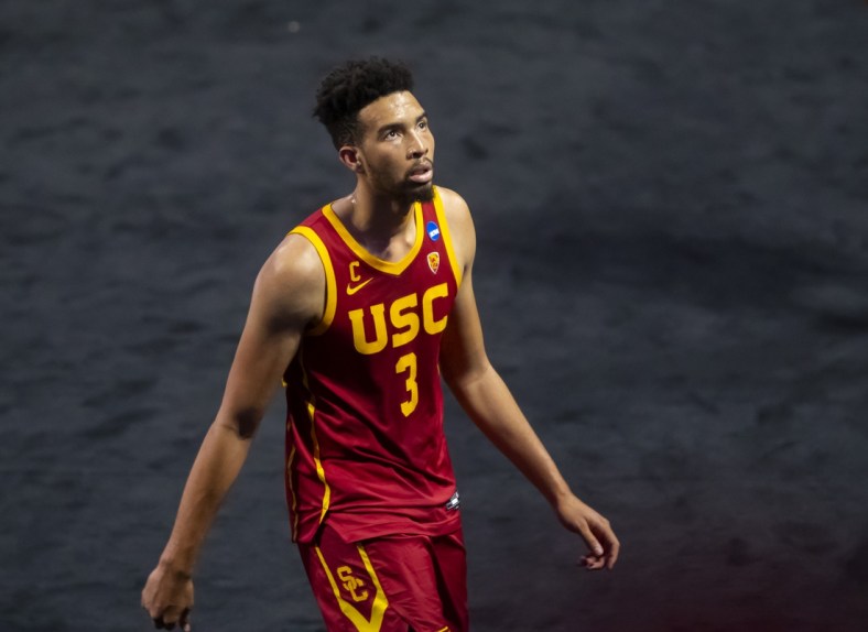 Mar 30, 2021; Indianapolis, IN, USA; Southern California Trojans forward Isaiah Mobley (3) against the Gonzaga Bulldogs in the Elite Eight of the 2021 NCAA Tournament at Lucas Oil Stadium. Mandatory Credit: Mark J. Rebilas-USA TODAY Sports