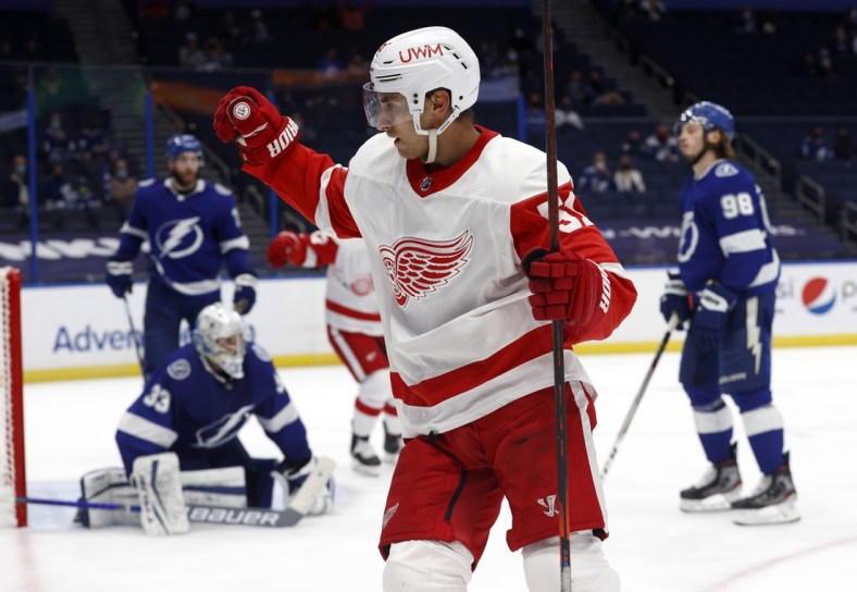 Apr 4, 2021; Tampa, Florida, USA; Detroit Red Wings center Valtteri Filppula (51) scores a goal against the Tampa Bay Lightning during the second period at Amalie Arena. Mandatory Credit: Kim Klement-USA TODAY Sports