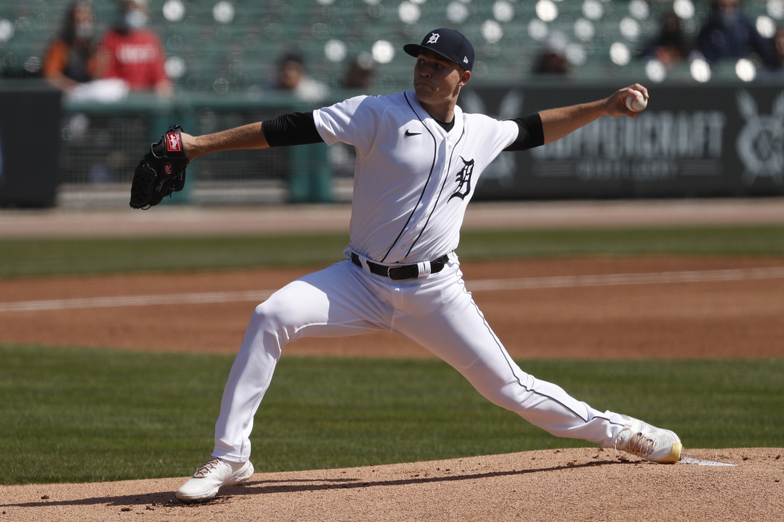 Apr 4, 2021; Detroit, Michigan, USA; Detroit Tigers starting pitcher Tarik Skubal (29) pitches during the first inning against the Cleveland Indians at Comerica Park. Mandatory Credit: Raj Mehta-USA TODAY Sports