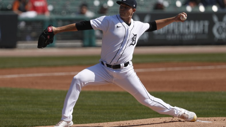 Apr 4, 2021; Detroit, Michigan, USA; Detroit Tigers starting pitcher Tarik Skubal (29) pitches during the first inning against the Cleveland Indians at Comerica Park. Mandatory Credit: Raj Mehta-USA TODAY Sports