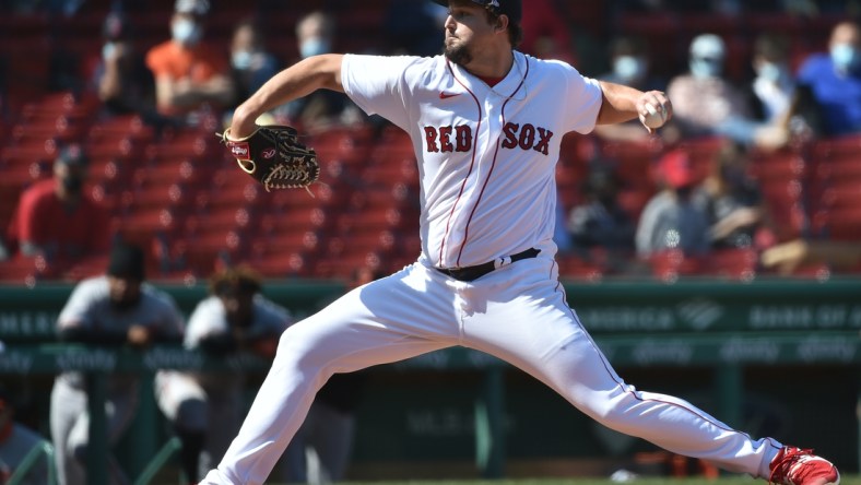 Apr 4, 2021; Boston, Massachusetts, USA;  Boston Red Sox relief pitcher Josh Taylor (38) pitches during the third inning against the Baltimore Orioles at Fenway Park. Mandatory Credit: Bob DeChiara-USA TODAY Sports