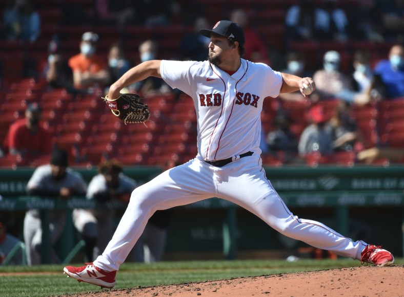 Apr 4, 2021; Boston, Massachusetts, USA;  Boston Red Sox relief pitcher Josh Taylor (38) pitches during the third inning against the Baltimore Orioles at Fenway Park. Mandatory Credit: Bob DeChiara-USA TODAY Sports