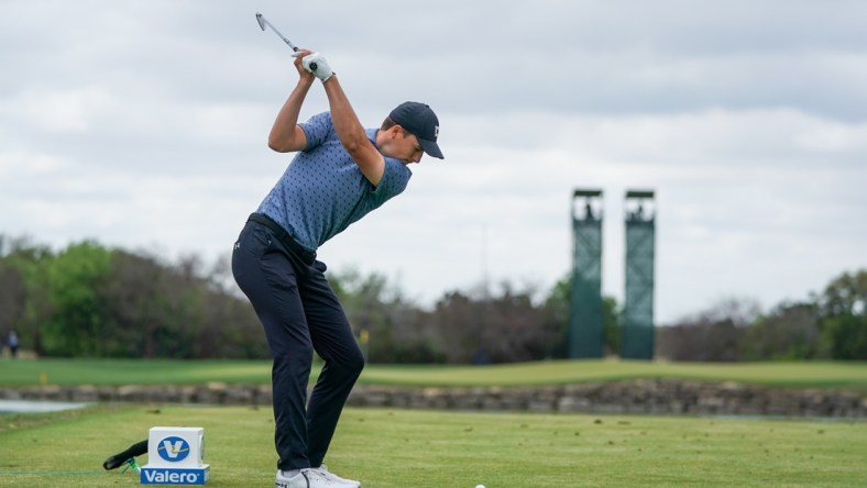 Apr 4, 2021; San Antonio, Texas, USA; Jordan Spieth hits on hole 3 during the final round of the Valero Texas Open golf tournament. Mandatory Credit: Daniel Dunn-USA TODAY Sports