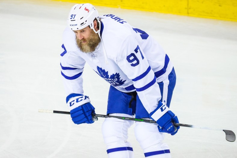 Apr 4, 2021; Calgary, Alberta, CAN; Toronto Maple Leafs center Joe Thornton (97) skates during the warmup period against the Calgary Flames at Scotiabank Saddledome. Mandatory Credit: Sergei Belski-USA TODAY Sports