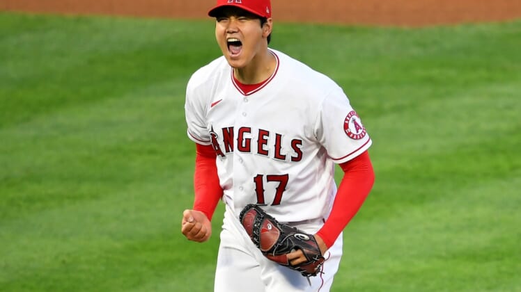 Apr 4, 2021; Anaheim, California, USA;  Los Angeles Angels starting pitcher Shohei Ohtani (17) reacts after a strike out for the final out of the third inning of the game against the Chicago White Sox at Angel Stadium. Mandatory Credit: Jayne Kamin-Oncea-USA TODAY Sports