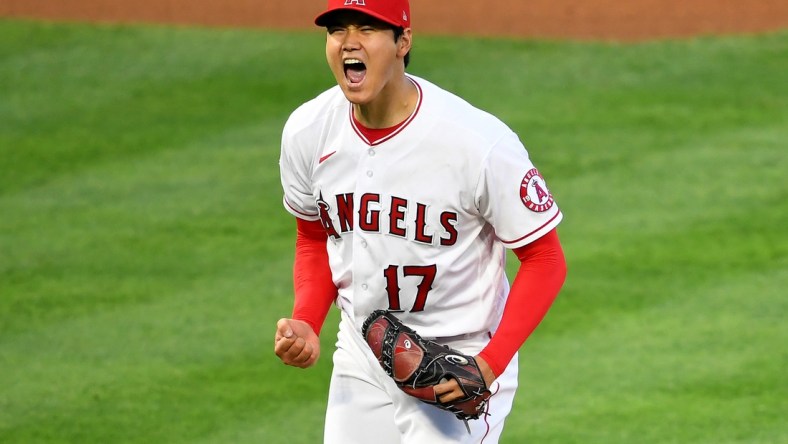 Apr 4, 2021; Anaheim, California, USA;  Los Angeles Angels starting pitcher Shohei Ohtani (17) reacts after a strike out for the final out of the third inning of the game against the Chicago White Sox at Angel Stadium. Mandatory Credit: Jayne Kamin-Oncea-USA TODAY Sports