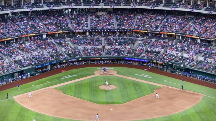 Apr 5, 2021; Arlington, Texas, USA; A view of the field and the stands and the fans during the game between the Texas Rangers and the Toronto Blue Jays at Globe Life Field. Mandatory Credit: Jerome Miron-USA TODAY Sports