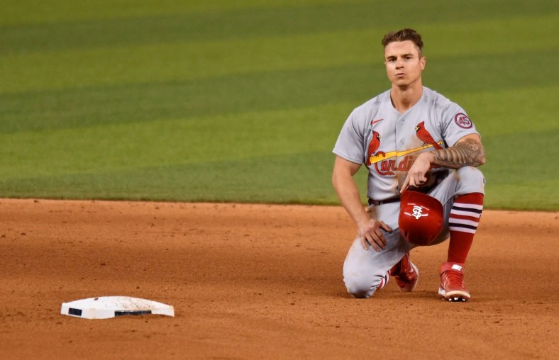 Apr 5, 2021; Miami, Florida, USA; St. Louis Cardinals left fielder Tyler O'Neill (27) reacts after being called out at second base against the Miami Marlins in the eighth inning at loanDepot Park. Mandatory Credit: Jim Rassol-USA TODAY Sports