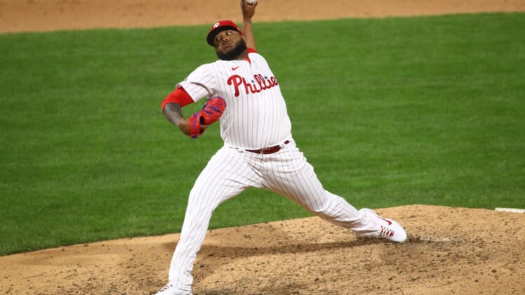 Apr 5, 2021; Philadelphia, Pennsylvania, USA; Philadelphia Phillies relief pitcher Jose Alvarado (46) throws a pitch against the New York Mets in the ninth inning at Citizens Bank Park. Mandatory Credit: Kyle Ross-USA TODAY Sports
