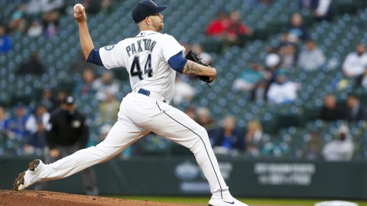 Apr 6, 2021; Seattle, Washington, USA; Seattle Mariners starting pitcher James Paxton (44) throws against the Chicago White Sox during the first inning at T-Mobile Park. Mandatory Credit: Joe Nicholson-USA TODAY Sports