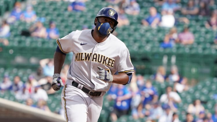Apr 7, 2021; Chicago, Illinois, USA; Milwaukee Brewers center fielder Lorenzo Cain (6) runs the bases after hitting a home run against the Chicago Cubs during the eighth inning at Wrigley Field. Mandatory Credit: David Banks-USA TODAY Sports