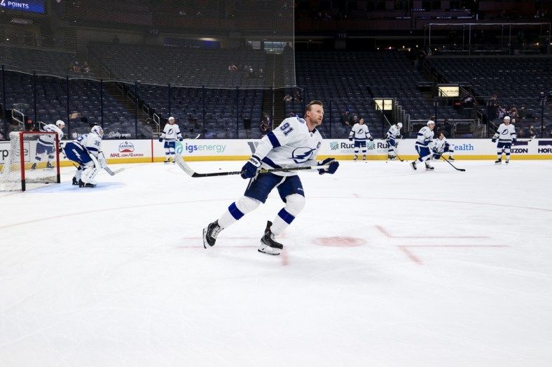 Apr 8, 2021; Columbus, Ohio, USA; Tampa Bay Lightning center Steven Stamkos (91) skates during warmups prior to the game against the Columbus Blue Jackets at Nationwide Arena. Mandatory Credit: Aaron Doster-USA TODAY Sports
