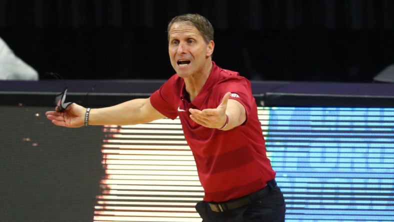 Mar 29, 2021; Indianapolis, Indiana, USA; Arkansas Razorbacks head coach Eric Musselman reacts against the Baylor Bears during the Elite Eight of the 2021 NCAA Tournament at Lucas Oil Stadium. Mandatory Credit: Mark J. Rebilas-USA TODAY Sports