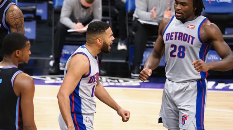 Apr 8, 2021; Sacramento, California, USA; Detroit Pistons guard Cory Joseph (18) celebrates with forward-center Isaiah Stewart (28) after a play against the Sacramento Kings during the second quarter at Golden 1 Center. Mandatory Credit: Kelley L Cox-USA TODAY Sports