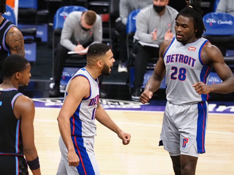 Apr 8, 2021; Sacramento, California, USA; Detroit Pistons guard Cory Joseph (18) celebrates with forward-center Isaiah Stewart (28) after a play against the Sacramento Kings during the second quarter at Golden 1 Center. Mandatory Credit: Kelley L Cox-USA TODAY Sports