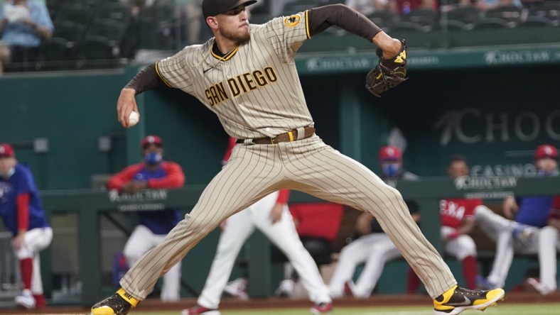 Apr 9, 2021; Arlington, Texas, USA; San Diego Padres starting pitcher Joe Musgrove (44) delivers a pitch to the Texas Rangers at Globe Life Field. Mandatory Credit: Jim Cowsert-USA TODAY Sports