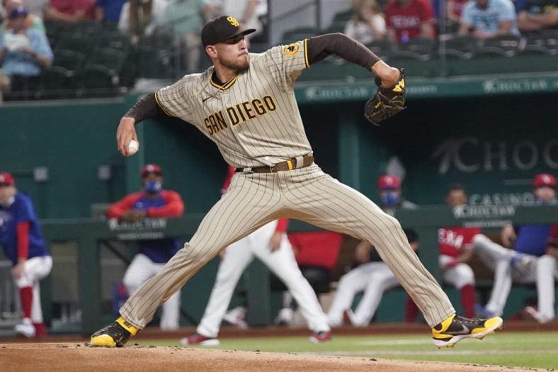 Apr 9, 2021; Arlington, Texas, USA; San Diego Padres starting pitcher Joe Musgrove (44) delivers a pitch to the Texas Rangers at Globe Life Field. Mandatory Credit: Jim Cowsert-USA TODAY Sports