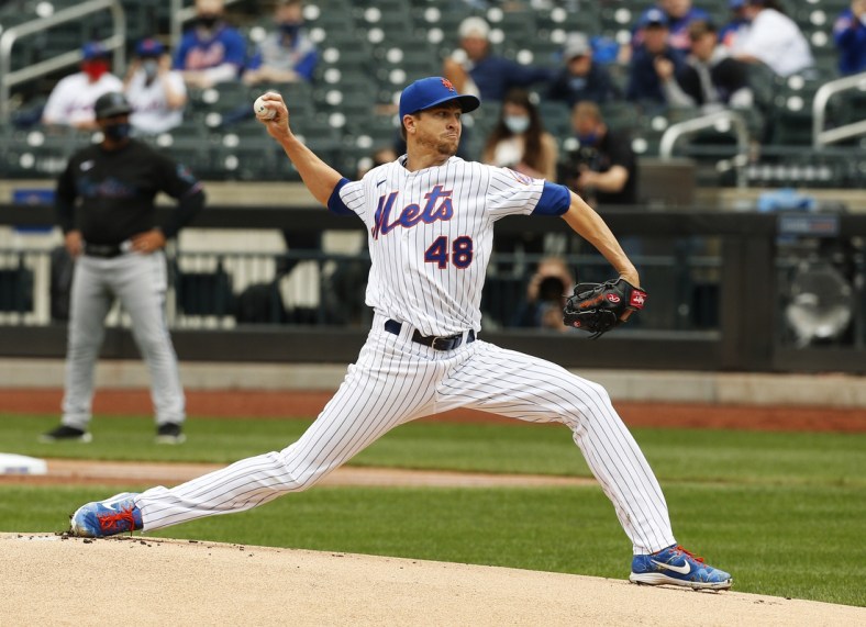 Apr 10, 2021; New York City, New York, USA; New York Mets starting pitcher Jacob deGrom (48) pitches against the Miami Marlins during the first inning at Citi Field. Mandatory Credit: Andy Marlin-USA TODAY Sports