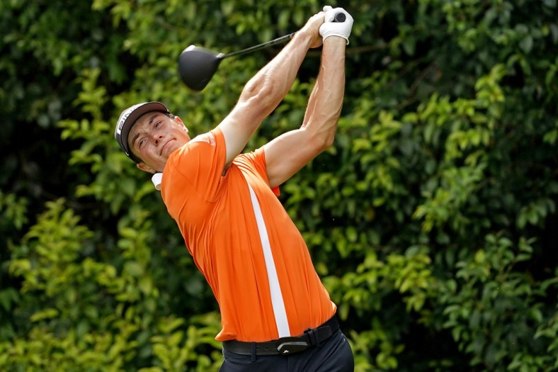 Apr 10, 2021; Augusta, Georgia, USA; Viktor Hovland plays his shot from the 14th tee during the third round of The Masters golf tournament. Mandatory Credit: Rob Schumacher-USA TODAY Sports
