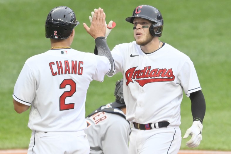 Apr 10, 2021; Cleveland, Ohio, USA; Cleveland Indians catcher Roberto Perez (55) celebrates his two-run home run with first baseman Yu Chang (2) in the second inning against the Detroit Tigers at Progressive Field. Mandatory Credit: David Richard-USA TODAY Sports