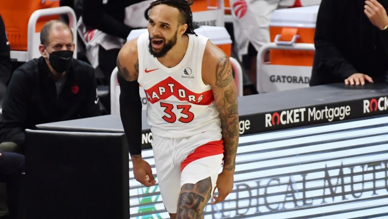 Apr 10, 2021; Cleveland, Ohio, USA; Toronto Raptors guard Gary Trent Jr. (33) reacts after hitting a three point basket against the Cleveland Cavaliers during the second quarter at Rocket Mortgage FieldHouse. Mandatory Credit: Ken Blaze-USA TODAY Sports