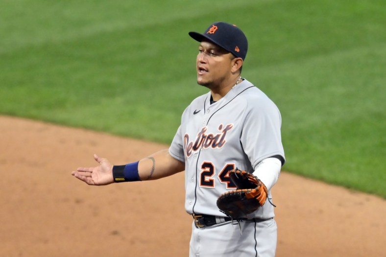 Apr 10, 2021; Cleveland, Ohio, USA; Detroit Tigers first baseman Miguel Cabrera (24) reacts in the sixth inning against the Cleveland Indians at Progressive Field. Mandatory Credit: David Richard-USA TODAY Sports