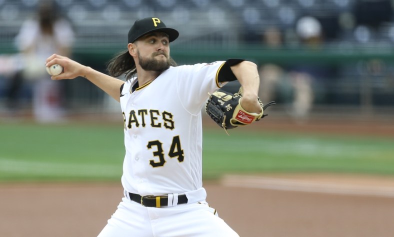 Apr 11, 2021; Pittsburgh, Pennsylvania, USA;  Pittsburgh Pirates starting pitcher JT Brubaker (34) delivers a pitch against the Chicago Cubs during the first inning at PNC Park. Mandatory Credit: Charles LeClaire-USA TODAY Sports