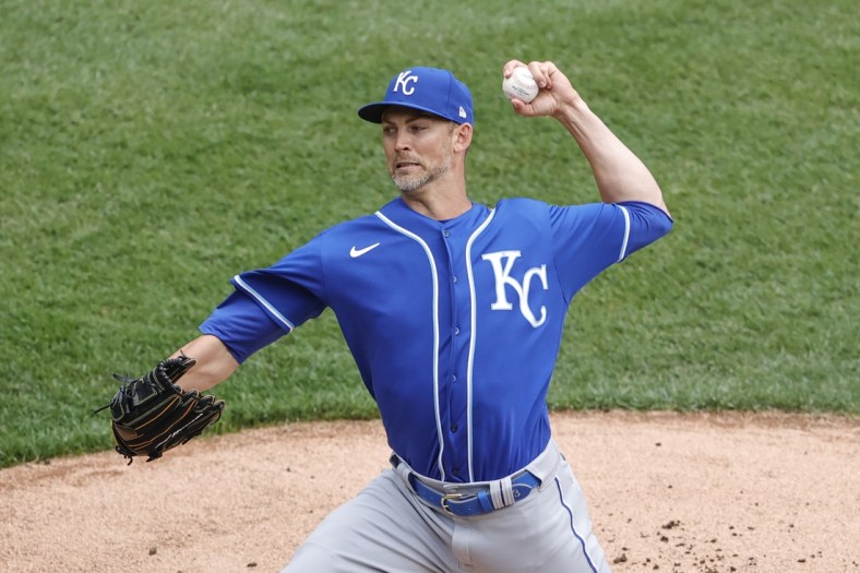 Apr 11, 2021; Chicago, Illinois, USA; Kansas City Royals starting pitcher Mike Minor (23) delivers against the Chicago White Sox during the first inning at Guaranteed Rate Field. Mandatory Credit: Kamil Krzaczynski-USA TODAY Sports