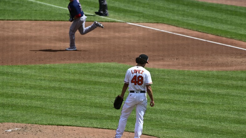 Apr 11, 2021; Baltimore, Maryland, USA;  Baltimore Orioles relief pitcher Jorge Lopez (48) stands on the pitcher's mound after giving up a solo home run to Boston Red Sox left fielder J.D. Martinez (28) during the third inning at Oriole Park at Camden Yards. Mandatory Credit: Tommy Gilligan-USA TODAY Sports