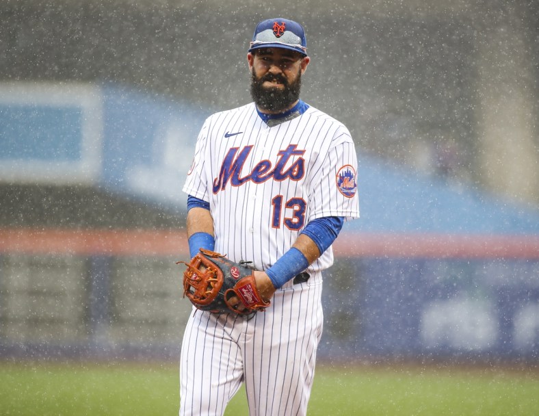 Apr 11, 2021; New York City, New York, USA; New York Mets third baseman Luis Guillorme (13) takes the field in the top of the first inning against the Miami Marlins prior to the rain delay at Citi Field. Mandatory Credit: Wendell Cruz-USA TODAY Sports