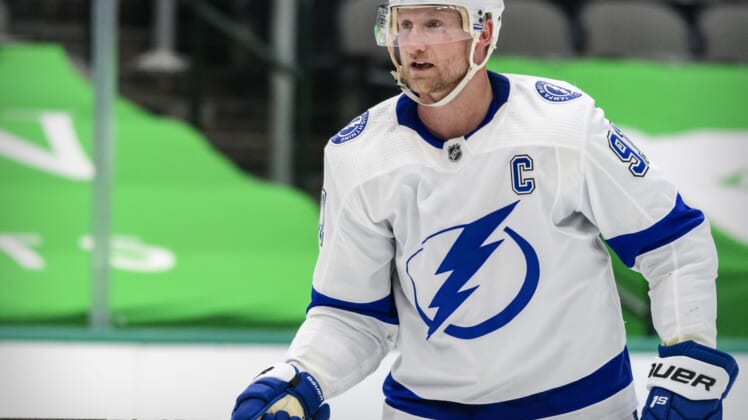 Mar 23, 2021; Dallas, Texas, USA; Tampa Bay Lightning center Steven Stamkos (91) in action during the game between the Dallas Stars and the Tampa Bay Lightning at the American Airlines Center. Mandatory Credit: Jerome Miron-USA TODAY Sports