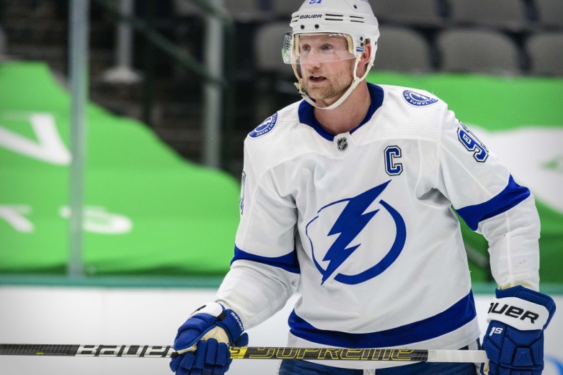 Mar 23, 2021; Dallas, Texas, USA; Tampa Bay Lightning center Steven Stamkos (91) in action during the game between the Dallas Stars and the Tampa Bay Lightning at the American Airlines Center. Mandatory Credit: Jerome Miron-USA TODAY Sports