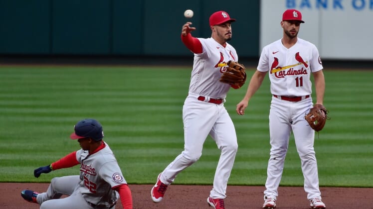 Apr 12, 2021; St. Louis, Missouri, USA;  St. Louis Cardinals third baseman Nolan Arenado (28) forces out Washington Nationals right fielder Juan Soto (22) and throws to first to complete the double play during the first inning at Busch Stadium. Mandatory Credit: Jeff Curry-USA TODAY Sports