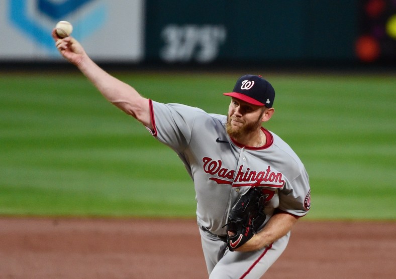 Apr 13, 2021; St. Louis, Missouri, USA;  Washington Nationals starting pitcher Stephen Strasburg (37) pitches during the second inning against the St. Louis Cardinals at Busch Stadium. Mandatory Credit: Jeff Curry-USA TODAY Sports