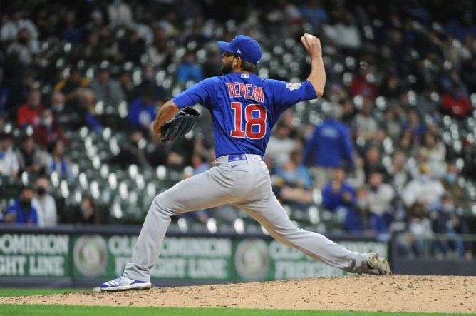 Apr 13, 2021; Milwaukee, Wisconsin, USA; Chicago Cubs relief pitcher Ryan Tepera (18) pitches during the fifth inning against the Milwaukee Brewers at American Family Field. Mandatory Credit: Michael McLoone-USA TODAY Sports