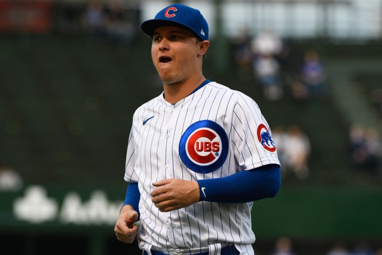 Apr 6, 2021; Chicago, Illinois, USA;  Chicago Cubs left fielder Joc Pederson (24) warms up before their game against the Milwaukee Brewers at Wrigley Field. Mandatory Credit: Matt Marton-USA TODAY Sports