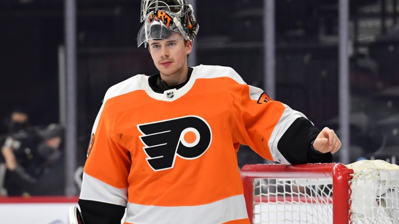 Apr 6, 2021; Philadelphia, Pennsylvania, USA; Philadelphia Flyers goaltender Carter Hart (79) against the Boston Bruins at Wells Fargo Center. Mandatory Credit: Eric Hartline-USA TODAY Sports