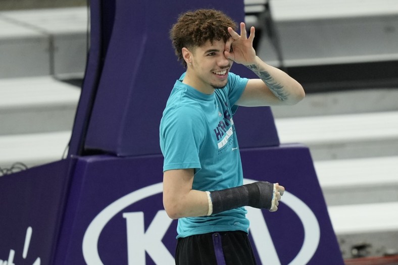 Apr 14, 2021; Charlotte, North Carolina, USA; Charlotte Hornets guard LaMelo Ball (2) on the court during pre game shoot a round before the game against the Cleveland Cavaliers at the Spectrum Center. Mandatory Credit: Jim Dedmon-USA TODAY Sports