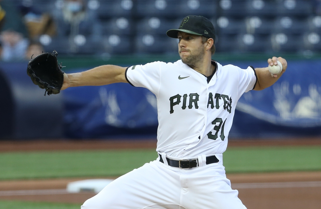 Apr 14, 2021; Pittsburgh, Pennsylvania, USA; Pittsburgh Pirates starting pitcher Tyler Anderson (31) pitches against the San Diego Padres during the first inning at PNC Park. Mandatory Credit: Charles LeClaire-USA TODAY Sports