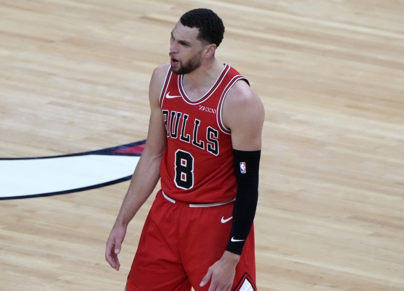 Apr 14, 2021; Chicago, Illinois, USA; Chicago Bulls guard Zach LaVine (8) reacts after a foul call during the second quarter against the Orlando Magic at the United Center. Mandatory Credit: Mike Dinovo-USA TODAY Sports