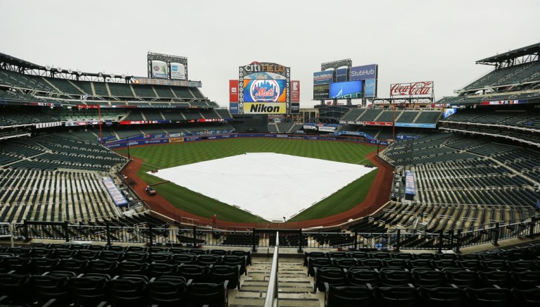 Apr 15, 2021; New York City, New York, USA; A general view of Citifield with the tarp on the infield prior to the game between the Philadelphia Phillies and the New York Mets at Citi Field. Mandatory Credit: Andy Marlin-USA TODAY Sports