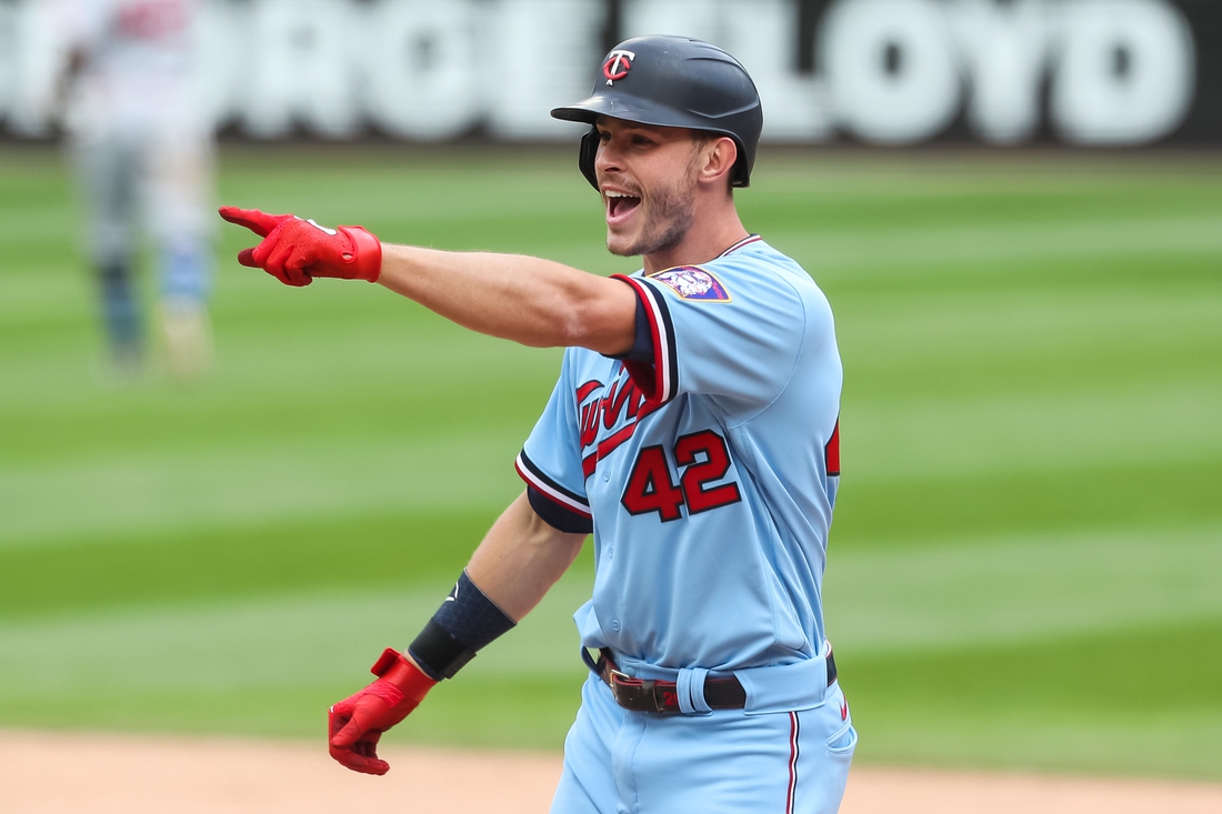 Apr 15, 2021; Minneapolis, Minnesota, USA; Minnesota Twins right fielder Max Kepler celebrates after hitting walk off single against the Boston Red Sox in the ninth inning at Target Field. Mandatory Credit: David Berding-USA TODAY Sports