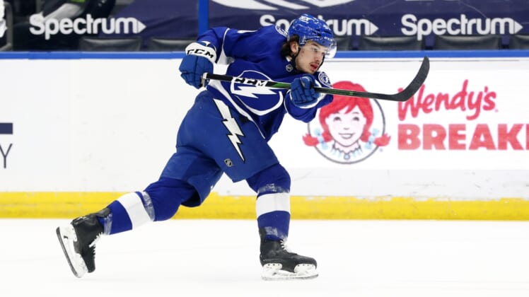 Apr 15, 2021; Tampa, Florida, USA; Tampa Bay Lightning center Alex Barre-Boulet (60) shoots against the Florida Panthers during the first period at Amalie Arena. Mandatory Credit: Kim Klement-USA TODAY Sports