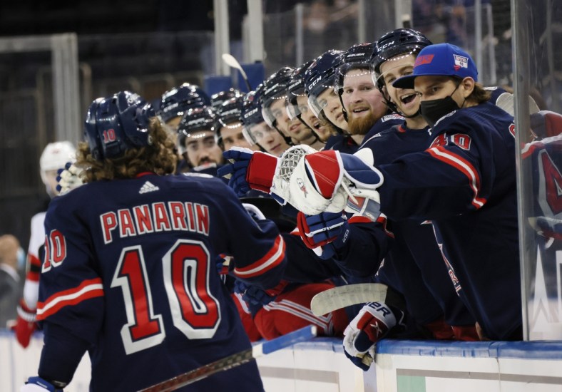 Apr 15, 2021; New York, New York, USA;   Artemi Panarin #10 of the New York Rangers celebrates his goal at 12:51 of the second period against the New Jersey Devils at Madison Square Garden on April 15, 2021 in New York City.Mandatory Credit:  Bruce Bennett/POOL PHOTOS-USA TODAY Sports
